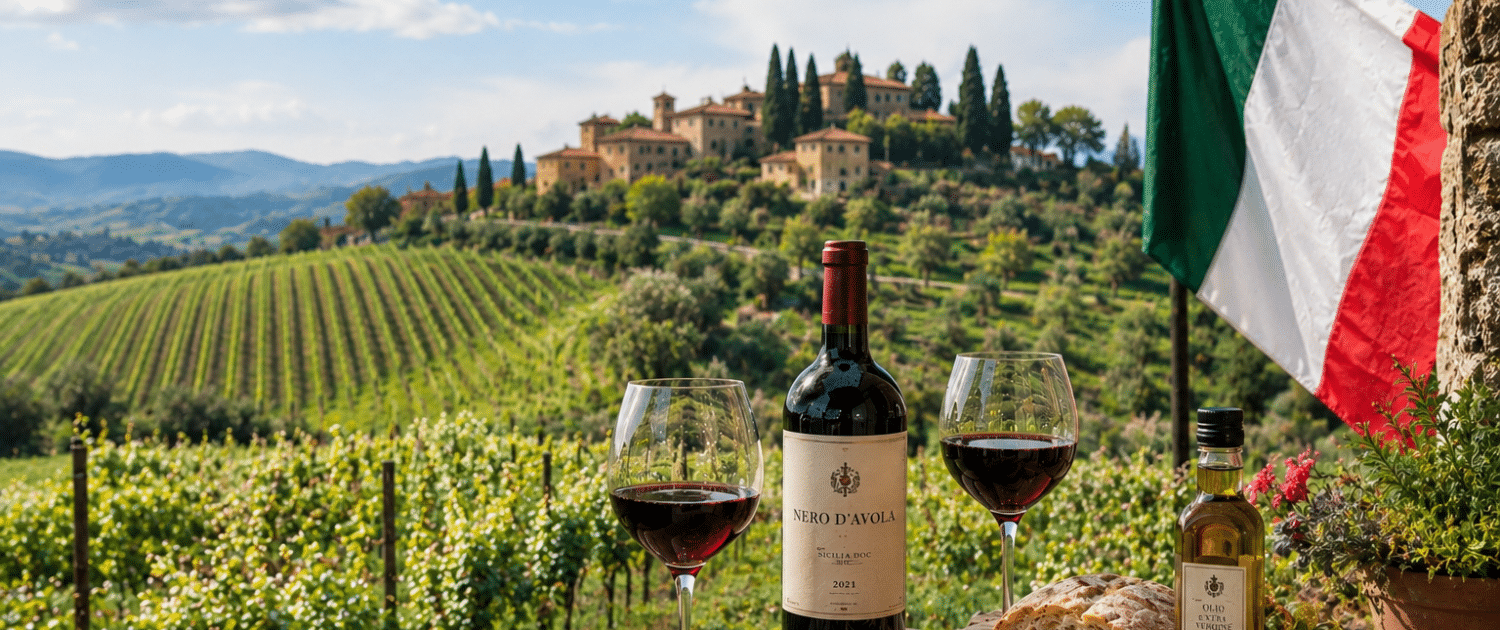 Image d'un paysage italien avec des vignes et un village, et en premier plan une table avec une bouteille de rouge