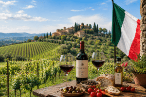 Image d'un paysage italien avec des vignes et un village, et en premier plan une table avec une bouteille de rouge