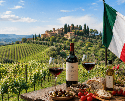 Image d'un paysage italien avec des vignes et un village, et en premier plan une table avec une bouteille de rouge